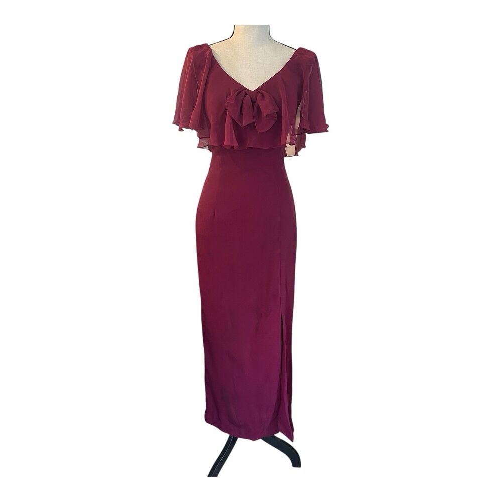 VTG 70s 80s Alyce Designs Burgundy Chiffon Cape Open Back Gown S/XS USA